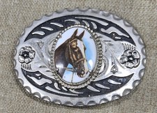 Vintage Western Belt Buckle Horse Cameo Porcelain Insert Silver Tone Floral
