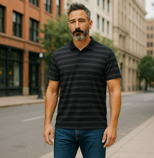 Adidas Mens Medium Black Striped Climacool Short Sleeve Golf Polo Shirt Size M