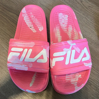 FILA Women's Pink/White Logo Slide Sandals Slip-On Synthetic Upper US 7