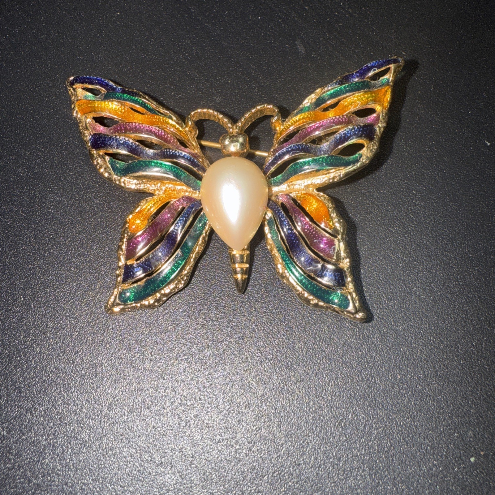 Fernando Originals Gold Tone Enamel Butterfly Brooch With Faux Pearl Center