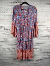 HECCPLI Dress Womens Large Blue Floral Boho Tiered Trapeze Swing V Neck Midi