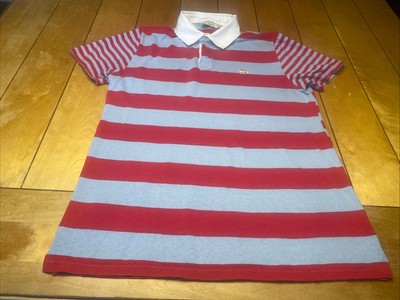 Maison Kitsune Mens Polo Shirt Striped Light Blue/Red size M Cotton/Linen blend
