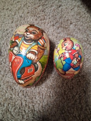 Vintage 1960s Metal Egg-Shaped Lidded Box Set, 2 Pack Bunny Rabbit Floral