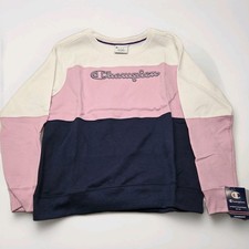 Women's Champion Powerblend Fleece Lined L Sweatshirt White Pink  Blue NWT