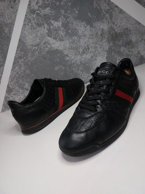 Gucci Shoes Micro Guccissima Black Leather Web Low Top Gucci Sneakers Size 10G