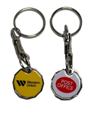 2 x Post WU Trolley Münze Schlüsselanhänger abnehmbar Supermarkt £1 Pfund Einkauf