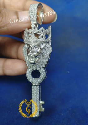 Pendentif Clé Tête De Lion En Argent 925 Avec Moissanite - Personnalisable - Fait Main