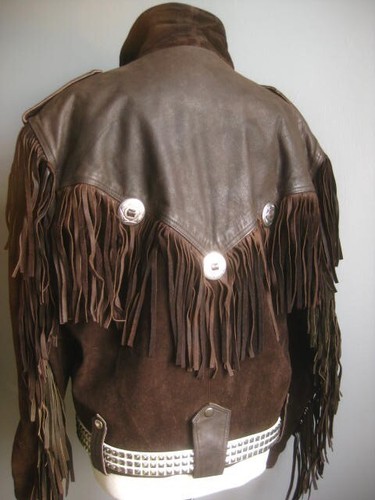 VINTAGE COWBOY LEATHER FRINGE JACKET 42 44 hells angel heavy rock biker ASHY men - Picture 16 of 24