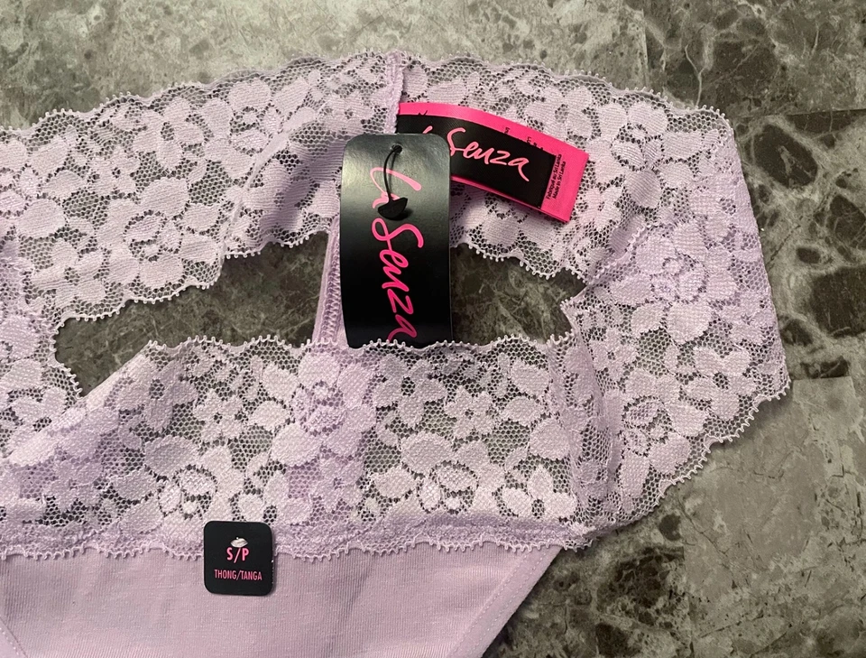 NWT LA SENZA SMALL LAVENDER PURPLE COTTON BLEND FLORAL LACE BAND THONG PANTIES - Image 2 of 3