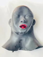 2.0mm heavy  latex face mask with 15cm long nose tube red teeth Fit 54-57cm