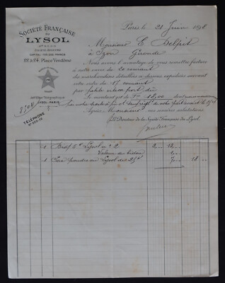 Rechnung 1898 Société FRANCAISE DU LYSOL Place Vendome PARIS 144
