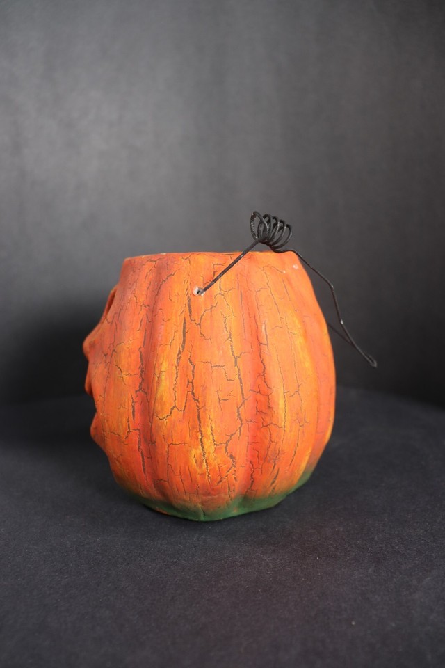 Vintage Paper Mache Halloween Pumpkin Candy Bucket Spooky JackO