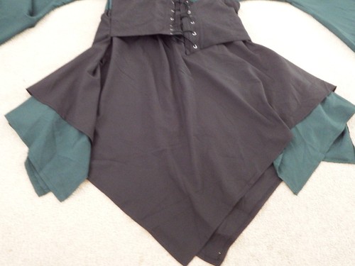 Cosplay Medieval Maiden XL Dress Bell Sleeve Witch Wench Green & Black Hanky Hem - Picture 6 of 10