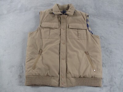 Vintage First Class Puffer Vest Outdoor Hiking Beige Plaid Lined Mens Large EUC