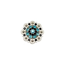 1 1/2" Flower Concho with Aqua and Black Rhinestones and screw back.