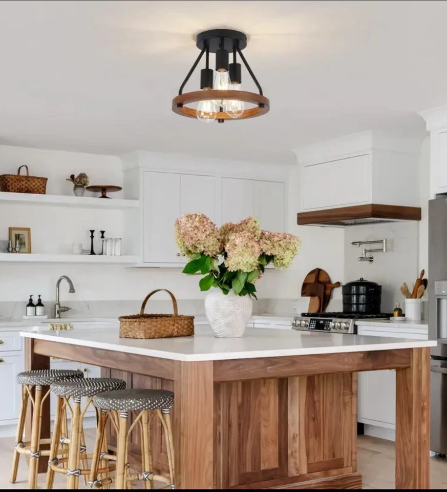 Modern farmhouse wood semi-recessed ceiling light - Image 3 of 3