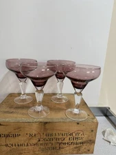VTG Purple Hand Blown Margarita Martini Glasses Clear Stem Tinted Rim Lot Of 4