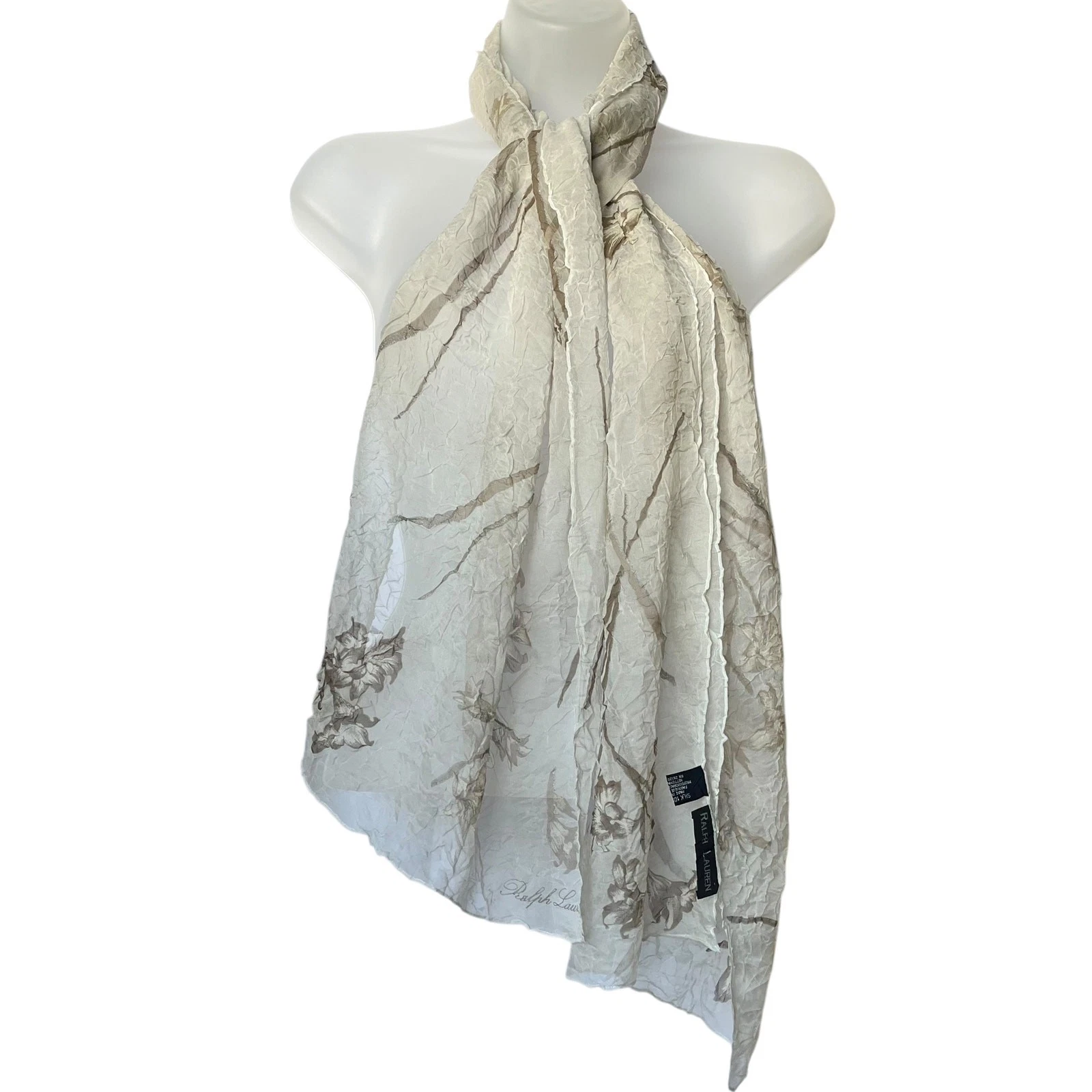 Ralph Lauren Vintage Sparkling Floral Crinkle Crepe de Chine Silk Long Scarf