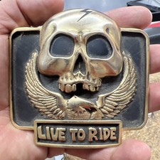 Vintage Rare  Live To Ride  Skull Brass Belt Buckle