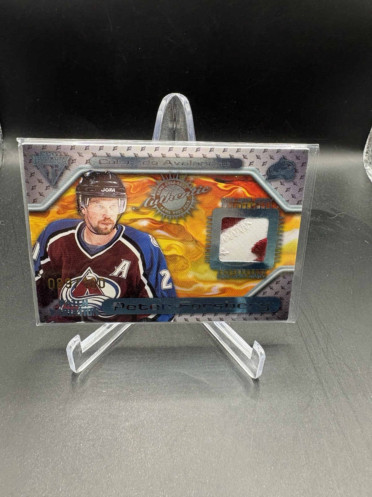2001 PACIFIC TITANIUM #74 AVALANCHE GAME USED JERSEY PETER FORSBERG PATCH /100