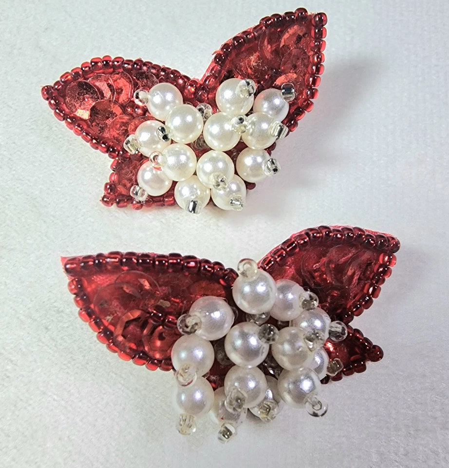 Винтажные серьги 80-х пуансеттия жемчуг кластер красный блестки Рождественский пирсинг  - Изображение 2 из 4