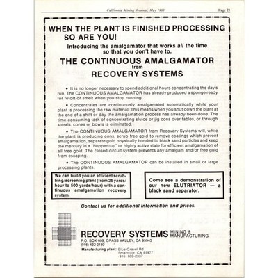 Recovery Systems Mining & Manufacturing Grass Valley CA 1983 Mining Ad SJ20