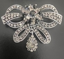 Vintage SilverStone Black Cristal Big Double Bow Brooch Rare Find