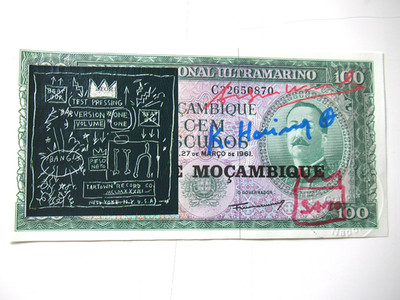 C) A. WARHOL/K. HARING/J. M.BASQUIAT: 100 SCUDI BANKNOTE 3x SIGNIERT, SKIZZIERT