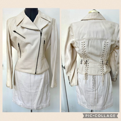 Azzedine Alaïa, VINTAGE S/S 1991 AZZEDINE ALAIA CREAM DENIM LACE UP SKIRT BOMBER JACKET SET 8 10