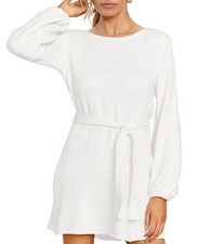 HAPCOPE Women's Crew Neck Long Sleeve Chenille Sweater Dress with Belt White M