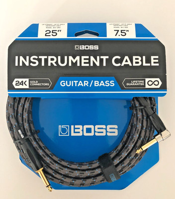 Boss BIC-25A Instrument Cable Straight to angled gold-plated 25 foot guitar/bass
