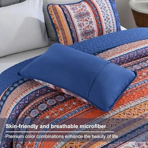 Boho Quilt Queen Size, Blue and Orange Bohemian Queen(96"x90") Blue Orange - Image 4 of 4