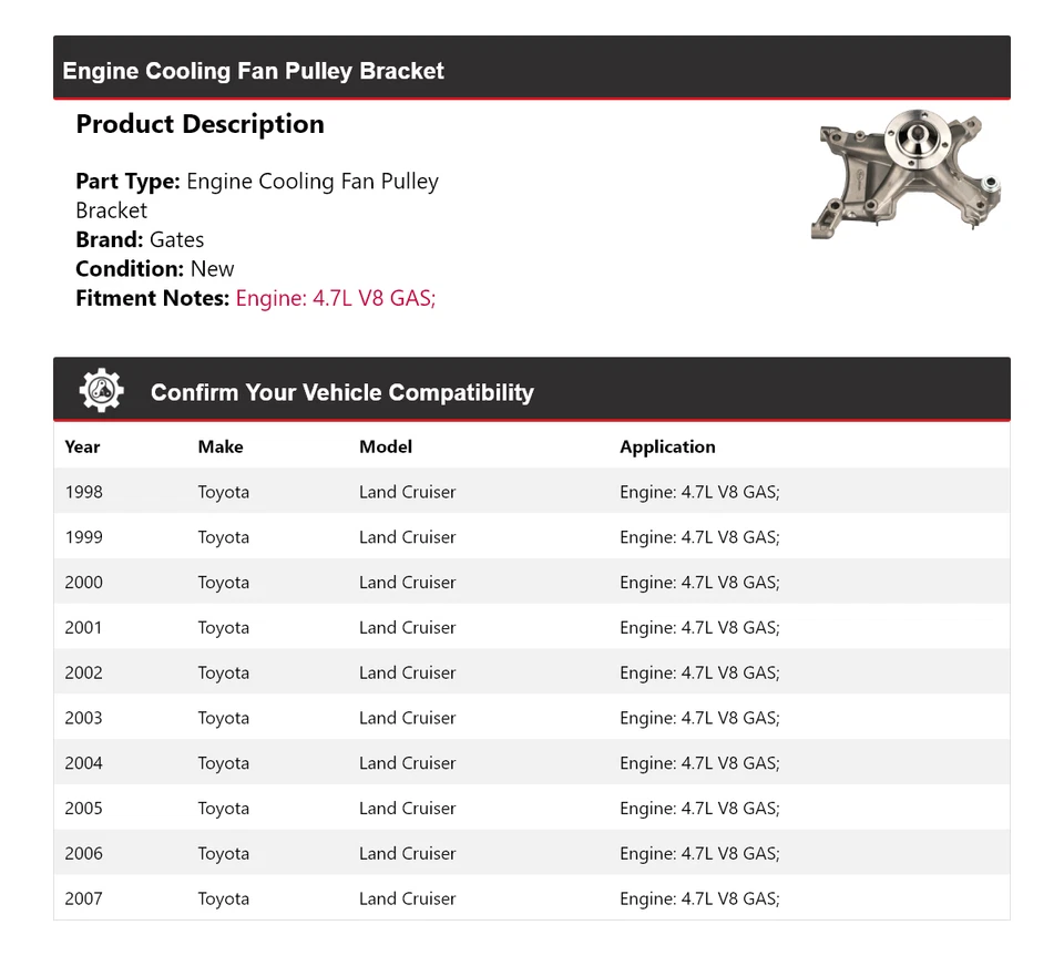 Para Toyota Land Cruiser 1998-2007 Motor Ventilador Polea Soporte Puertas 1999 Foto 2 de 4