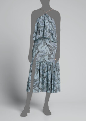 $445 Cinq à Sept Women's Blue Colette Printed Halter Ruffle Midi Dress Size 12