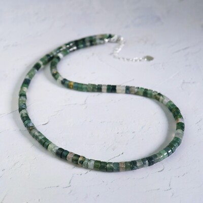 Natural Moss Agate Barrel Stone Bead Necklace Green Agate Choker Healing Crystal