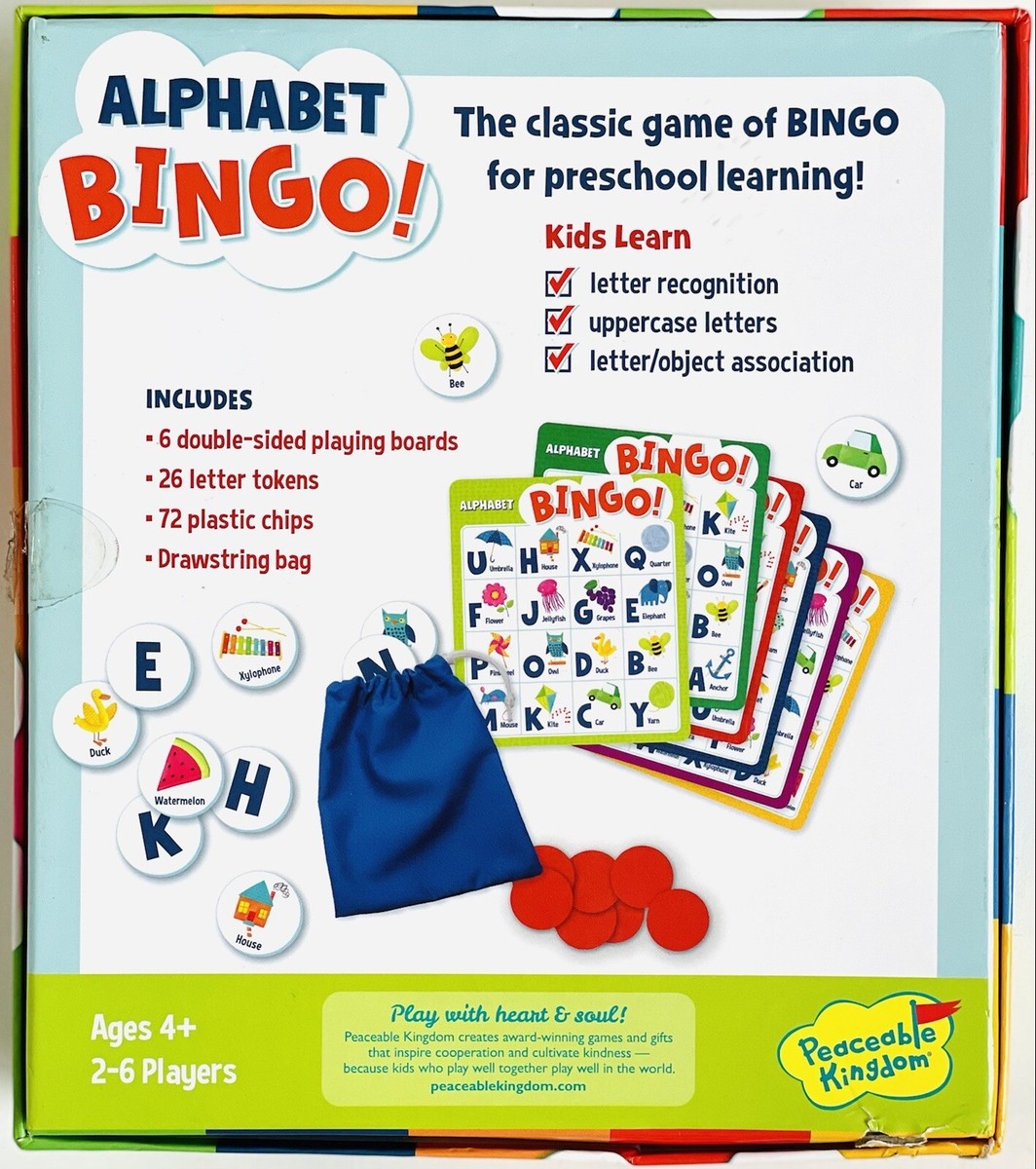 Peaceable Kingdom, Bingo Alphabétique ! Jeu Dapprentissage Des Lett Apprendre Les Lettres Majuscules Comprend 6 Plateaux Amz B06