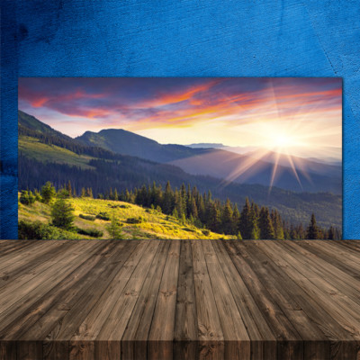 Küchenrückwand aus Glas ESG Spritzschutz 120x60cm Gebirge Wald Sonne Landschaft