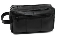 Unisex Soft Black Leather Travel Wash Toiletry Bag Grooming Kit Pouch Bag 3510