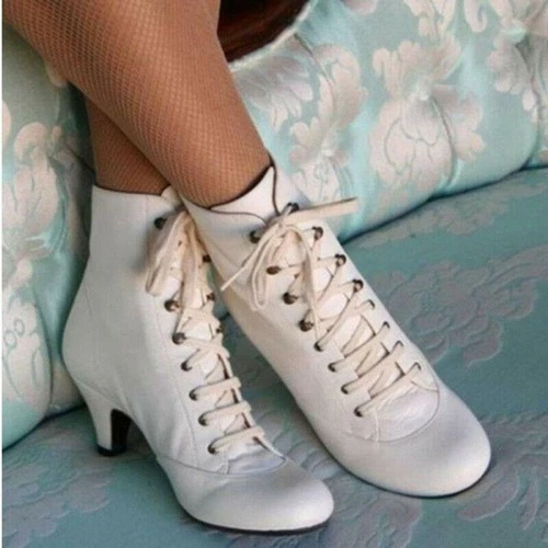 Botines de tacón bajo de gatito victoriano retro con cordones para mujeres damas zapatos formales - Imagen 4 de 12