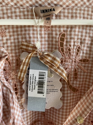 NWT Innika Choo Peach Gingham Cutwork Midi Smock Dress Size 1 - Picture 9 of 11