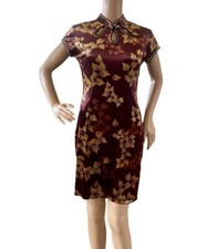Womens Chinese Cheongsam Dress Cap Sleeves Dark Plum/Gold Stretch Size M