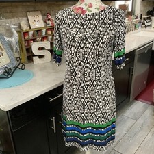 Eliza J Shift Dress Sz 6 Stretch Black Blue Green Geometric Stripe Short Sleeve