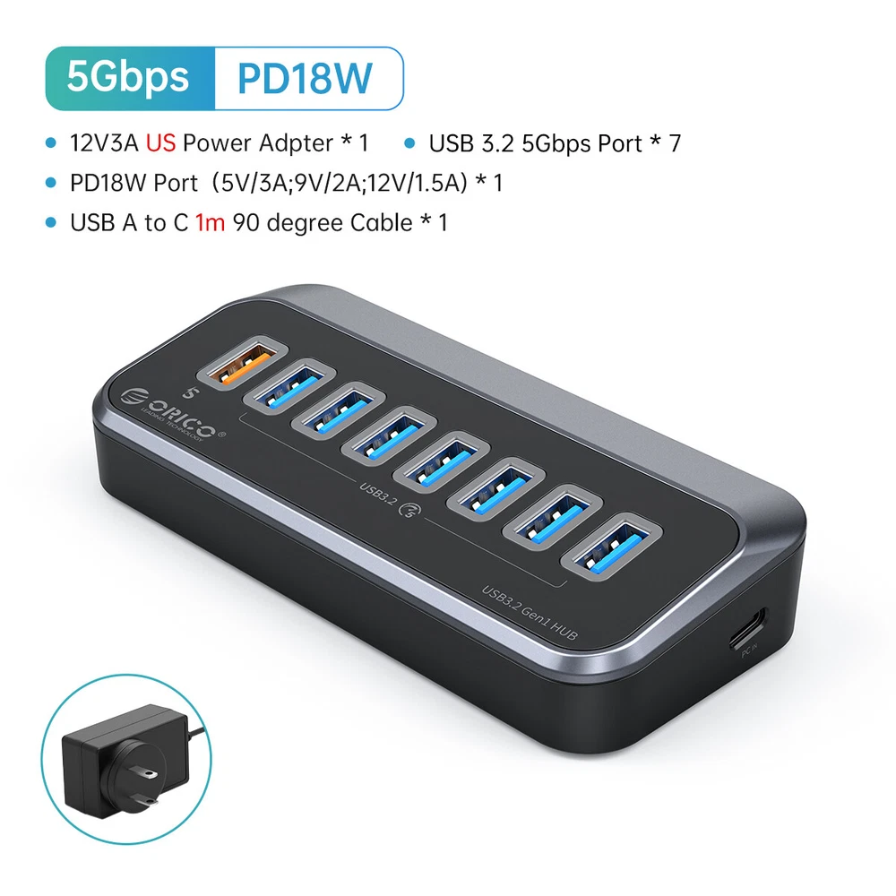ORICO 4-Port USB 3.0 Hub with 1.64ft USB-C Cable and USB-A Adapter  