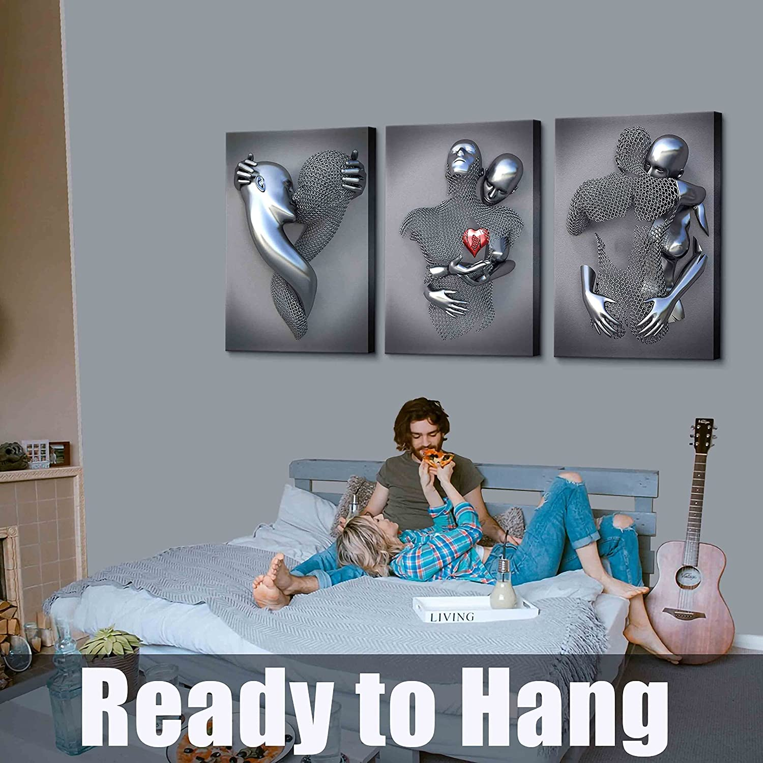 Framed Wall Art for Bedroom 3D Metal Effect Love Heart Couple Wall Art ...