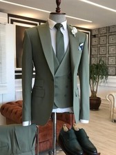 Men Suit Green Peak Lapel Groom Tuxedos Wedding Prom Party 3 Piece Best Man Suit