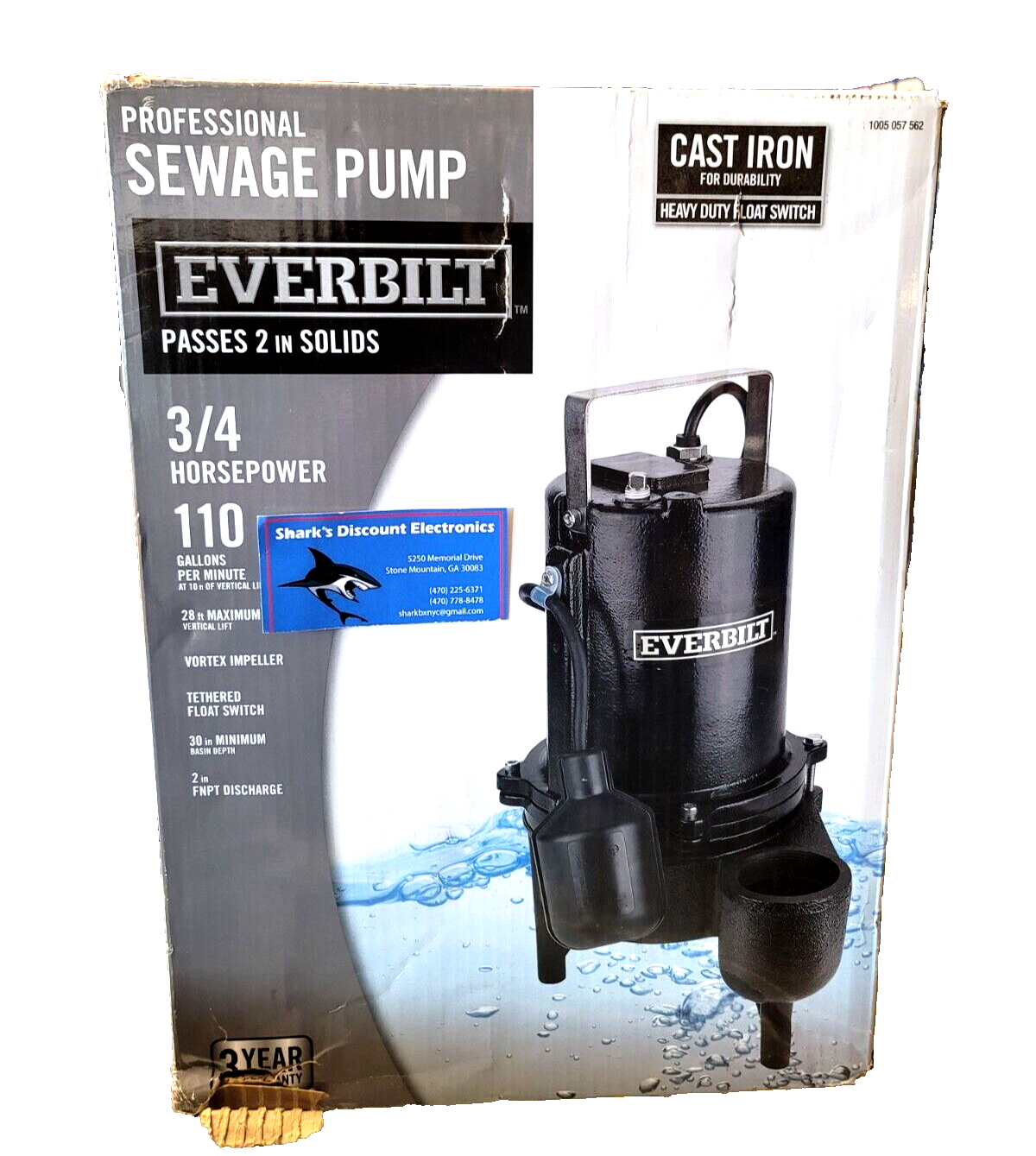 Everbilt (ESE60WHD) 3/4 HP Heavy Duty Cast Iron Sewage Pump. NEW