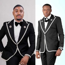Black Suits for Men with Lace Appliques Lapel Jacket Pant Slim Fit for Wedding