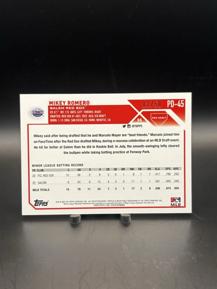 Mikey Romero 2023 Topps Pro Debut Gold /50 RC Red Sox - Image 2 of 2