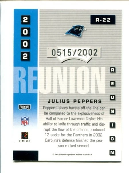 2003 Playoff Prestige - Reunion #R-22 Julius Peppers #/2,002 🏈 HOF - Image 2 of 3