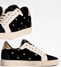 ZADIG VOLTAIRE Low Top Sneakers Women s 7.5 EU 38 Black Velvet Gold Stars